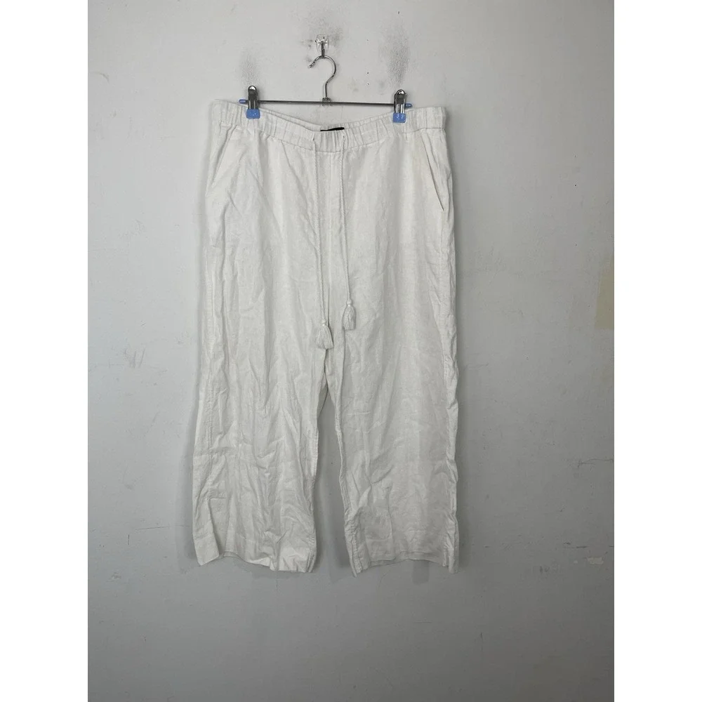 Banana Republic White Linen Blend Wide Leg Crop‎ Pants Tassel Drawstring Large